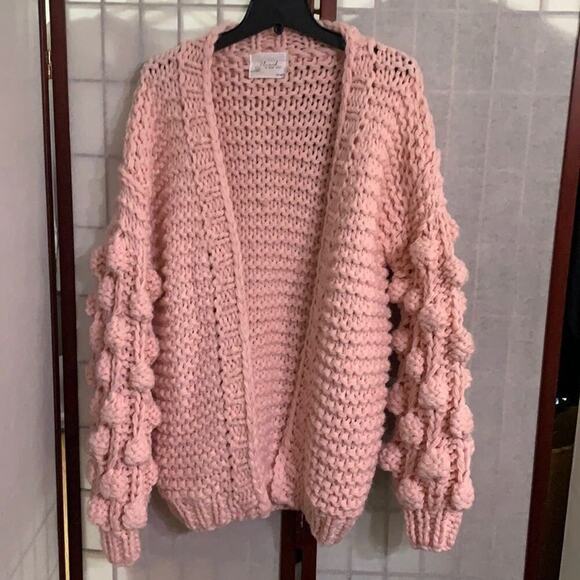 NWT CHIC WISH PINK OPEN CARDIGAN POM POM SWEATER SIZE L - Picture 1 of 8